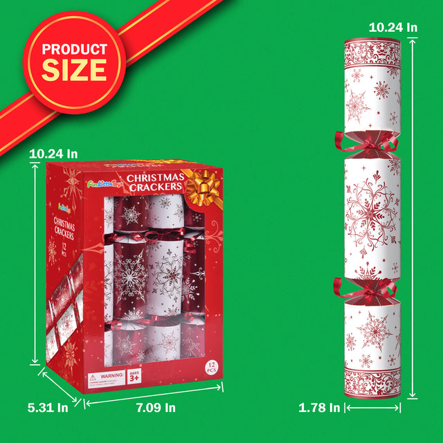 12PCS Red Christmas Crackers Snowflake Design with Prizes Inside