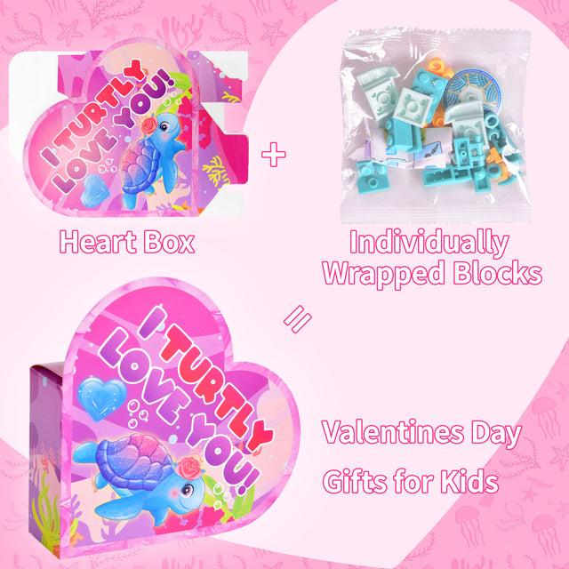 24PCS Sea Animal Mini Building Blocks with Valentine Heart-Shaped Boxes
