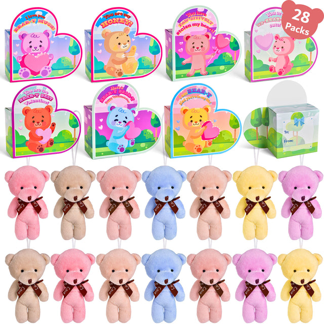 28PCS Valentine Mini Bear Keychain Plush Toys with Heart Boxes