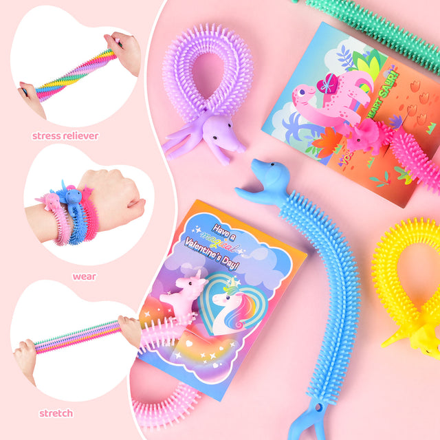 36PCS Assorted Unicorn Noodle Stretchy Strings Fidget Toys with Kids Valentine Cards