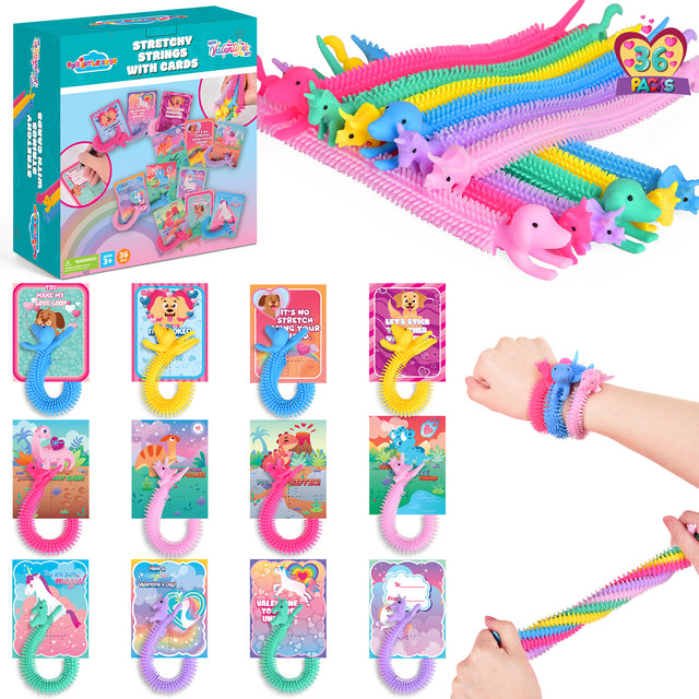 36PCS Assorted Unicorn Noodle Stretchy Strings Fidget Toys with Kids Valentine Cards