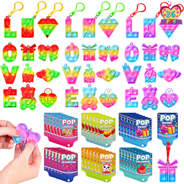 36PCS Mini Pop Bubble Keychains Soft Fidget Toys with Valentine Gift Cards