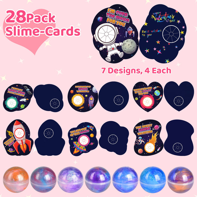 28PCS Galaxy Slime Balls Stress-Relief Toys & Valentine Cards Set