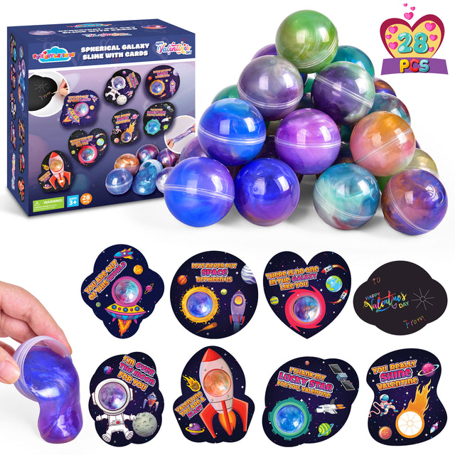 28PCS Galaxy Slime Balls Stress-Relief Toys & Valentine Cards Set