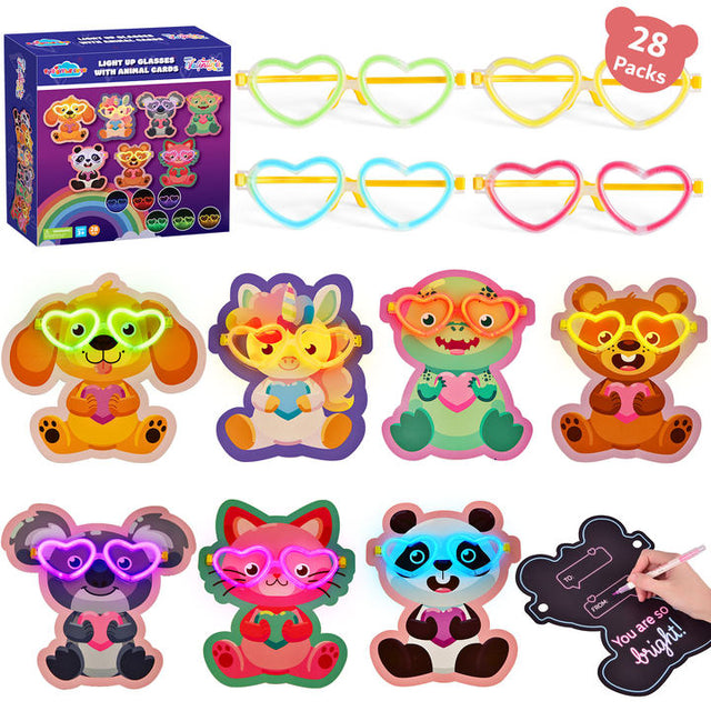 28PCS Glow in the Dark Heart Eyeglasses & Kids Valentine Cards