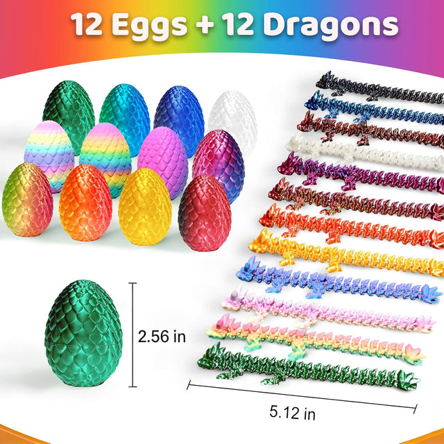 12 Pack 3D Printed Dragon Toys, Flexible Articulated Fidget Dragons in Surprise Eggs, Collectible Desk Toys, Party Favors & Classroom Prizes for Kids
