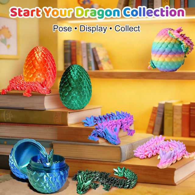 12 Pack 3D Printed Dragon Toys, Flexible Articulated Fidget Dragons in Surprise Eggs, Collectible Desk Toys, Party Favors & Classroom Prizes for Kids
