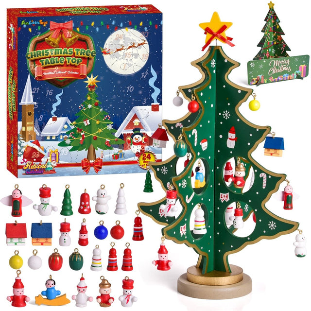 12" Wooden Tabletop Christmas Tree & 24 Tiny Ornaments - PopFun
