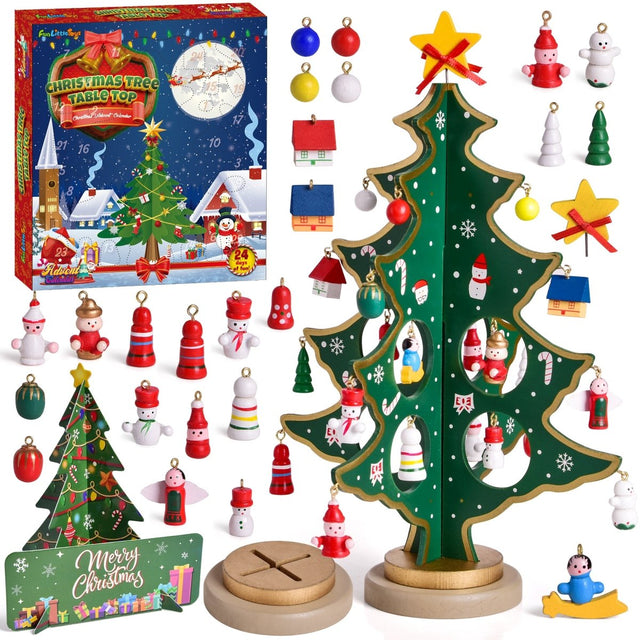 12" Wooden Tabletop Christmas Tree & 24 Tiny Ornaments - PopFun