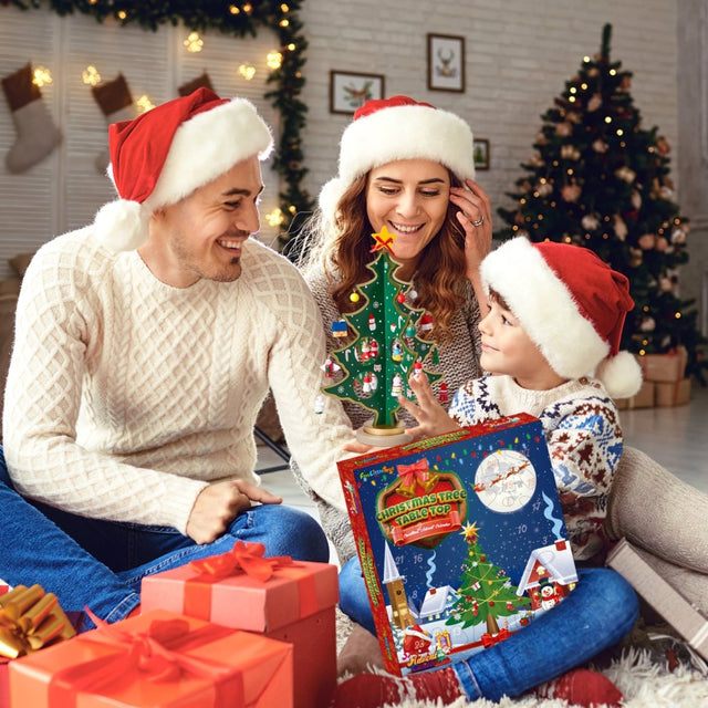 12" Wooden Tabletop Christmas Tree & 24 Tiny Ornaments - PopFun