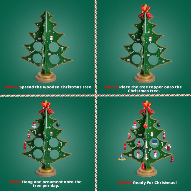 12" Wooden Tabletop Christmas Tree & 24 Tiny Ornaments - PopFun