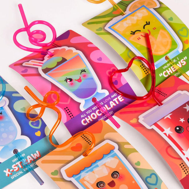 Valentines Day Cards for kids with Crazy Straws - 32 pcs - PopFun