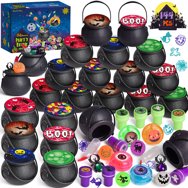 144PCS Mini Witch Cauldron Prefilled with Assorted Halloween Party Favors Trick or Treat Toys