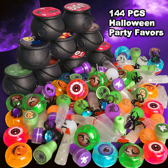 144PCS Mini Witch Cauldron Prefilled with Assorted Halloween Party Favors Trick or Treat Toys