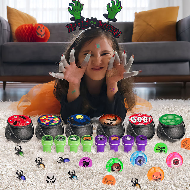 144PCS Mini Witch Cauldron Prefilled with Assorted Halloween Party Favors Trick or Treat Toys