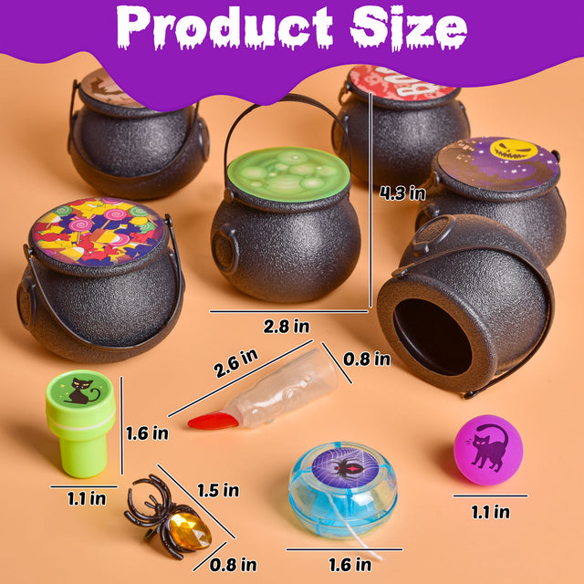 144PCS Mini Witch Cauldron Prefilled with Assorted Halloween Party Favors Trick or Treat Toys