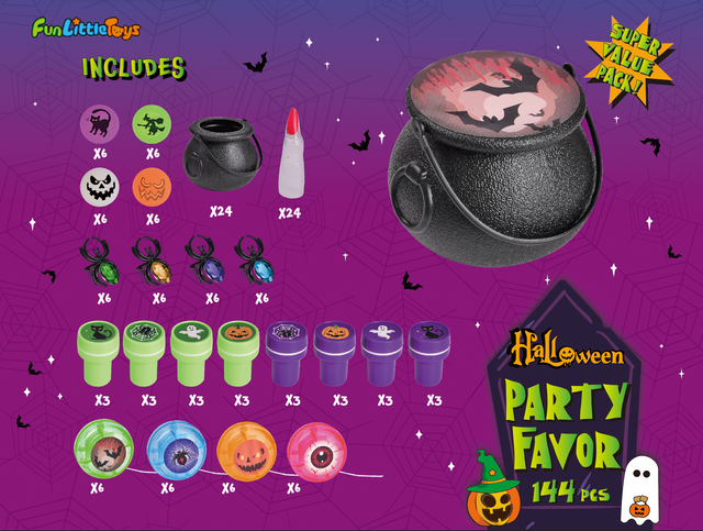 144PCS Mini Witch Cauldron Prefilled with Assorted Halloween Party Favors Trick or Treat Toys
