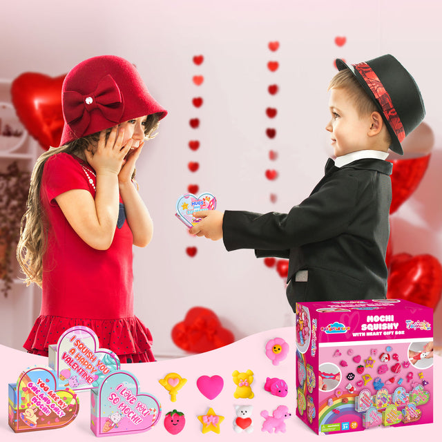 28PCS Valentine Mochi Squishy Soft Toys with Heart Gift Box Set