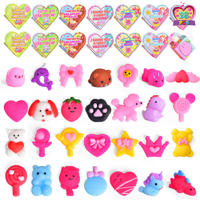 28PCS Valentine Mochi Squishy Soft Toys with Heart Gift Box Set