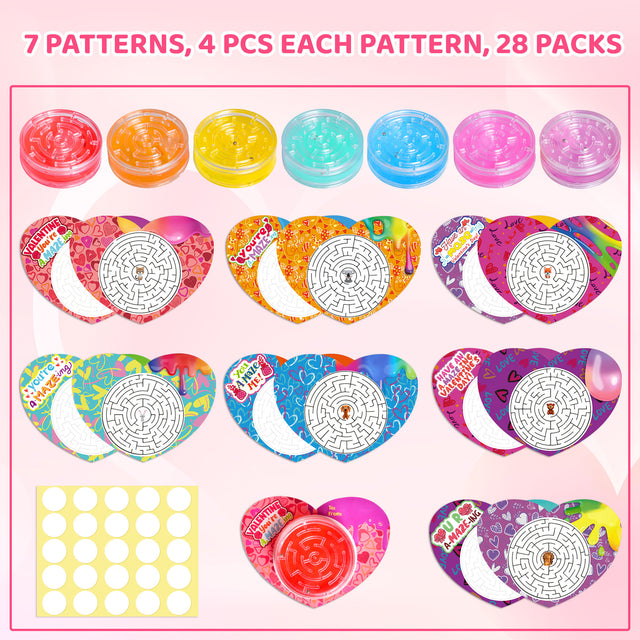 28PCS Valentine Slime with Heart-Shaped Greeting Cards