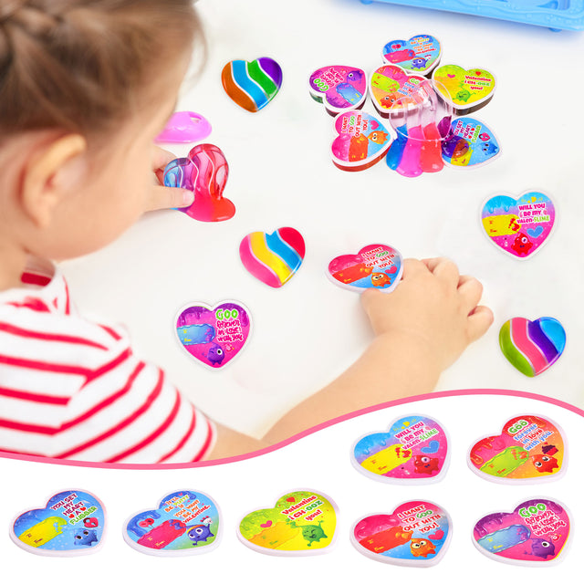 28PCS Valentine Multi Color Heart-Shaped Slime Kit with Gift Cards