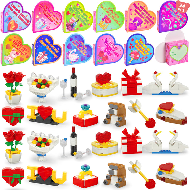 24PCS Valentine-Themed Mini Building Block Toys with Heart-Shaped Boxes