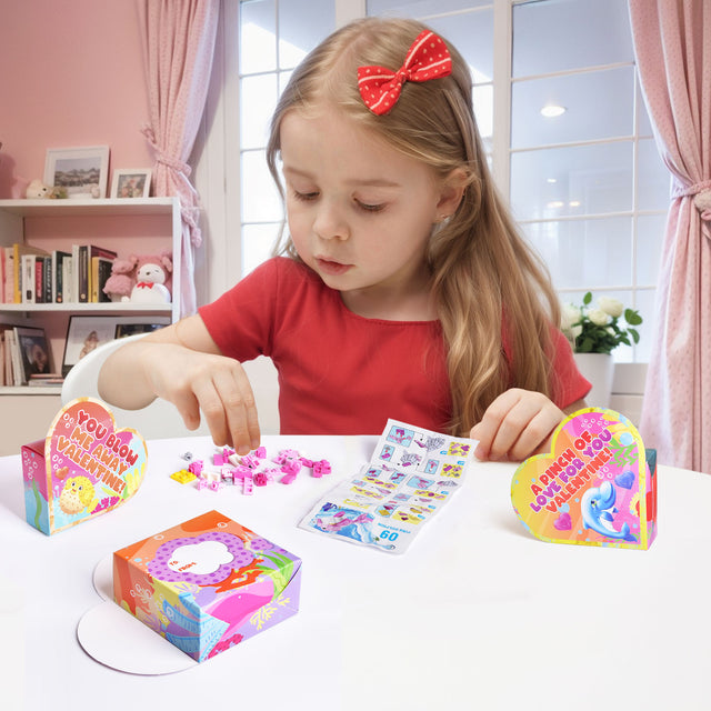 24PCS Sea Animal Mini Building Blocks with Valentine Heart-Shaped Boxes