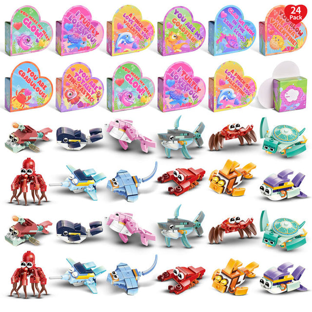 24PCS Sea Animal Mini Building Blocks with Valentine Heart-Shaped Boxes