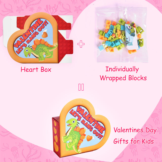 24PCS Dinosaur-Themed Mini Building Block Toys Set with Valentine Heart-Shaped Boxes