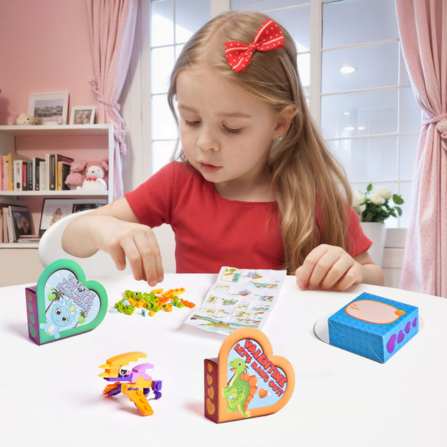 24PCS Dinosaur-Themed Mini Building Block Toys Set with Valentine Heart-Shaped Boxes