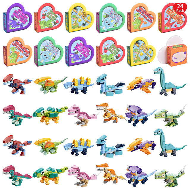 24PCS Dinosaur-Themed Mini Building Block Toys Set with Valentine Heart-Shaped Boxes