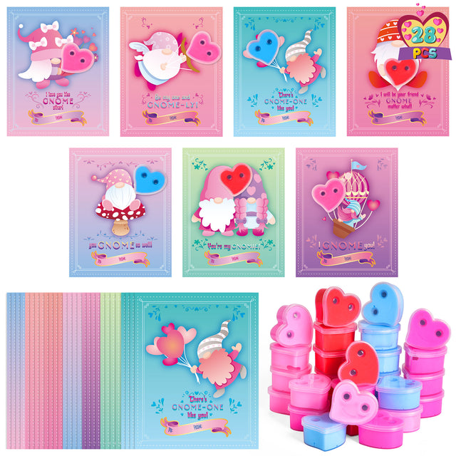 28PCS Heart-Shaped Butter Slimes with Valentine Gnome Cards Kit