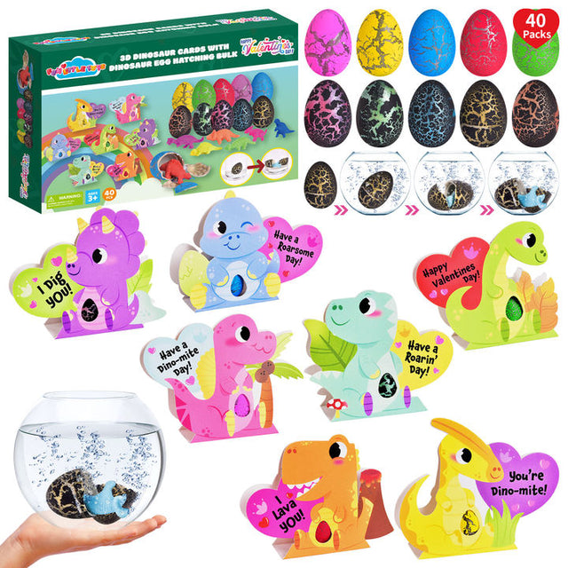 40PCS Assorted Dinosaur Hatching Eggs with Valentine Dino Greeting Cards