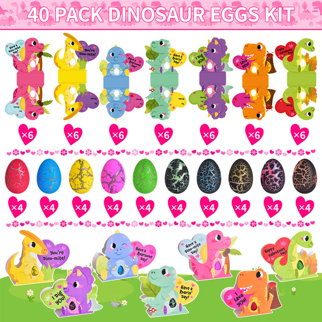 40PCS Assorted Dinosaur Hatching Eggs with Valentine Dino Greeting Cards