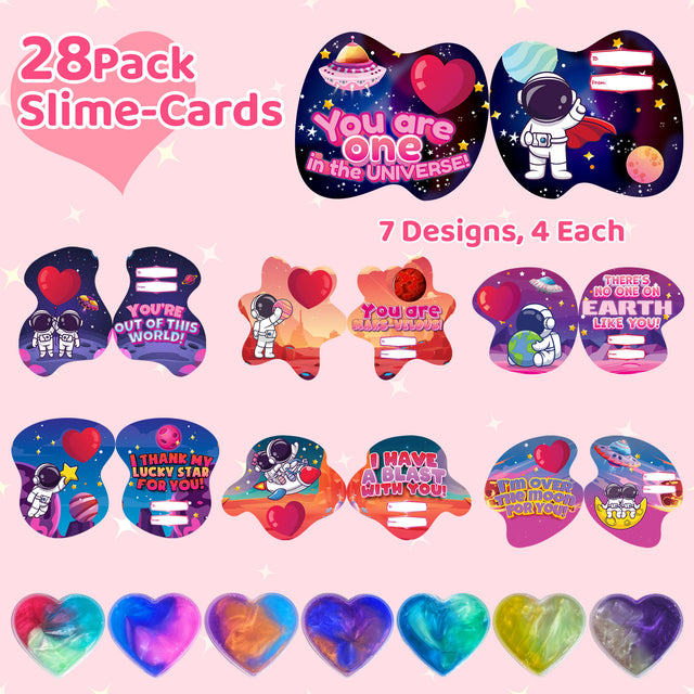 28PCS Valentine's Tri-Color Galaxy Heart Slime Fidget Toys with Space-Themed Valentine Cards