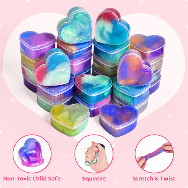 28PCS Valentine's Tri-Color Galaxy Heart Slime Fidget Toys with Space-Themed Valentine Cards