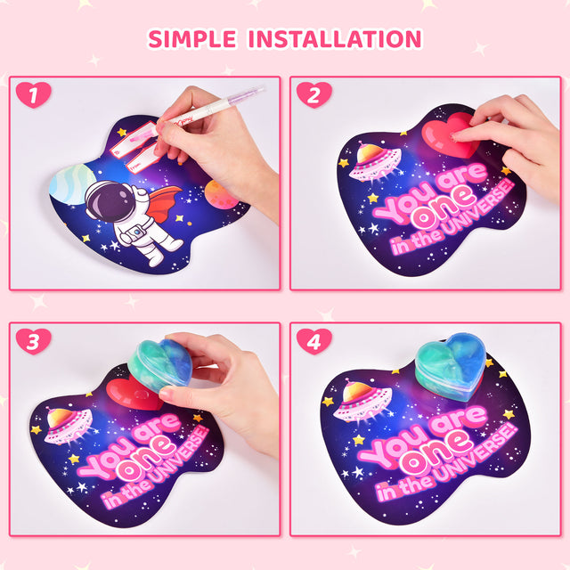 28PCS Valentine's Tri-Color Galaxy Heart Slime Fidget Toys with Space-Themed Valentine Cards