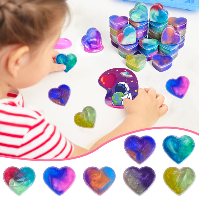 28PCS Valentine's Tri-Color Galaxy Heart Slime Fidget Toys with Space-Themed Valentine Cards