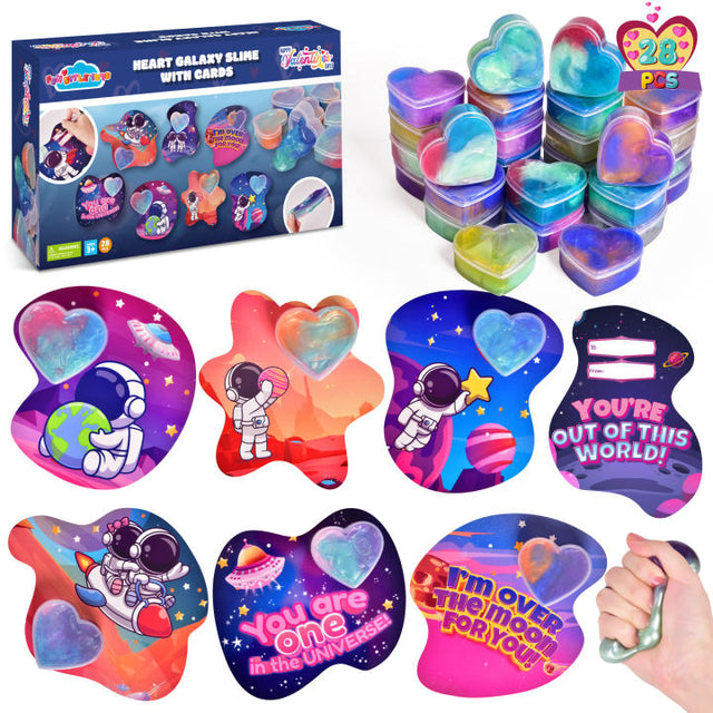 28PCS Valentine's Tri-Color Galaxy Heart Slime Fidget Toys with Space-Themed Valentine Cards