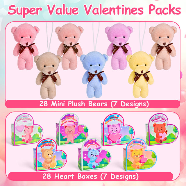 28PCS Valentine Mini Bear Keychain Plush Toys with Heart Boxes