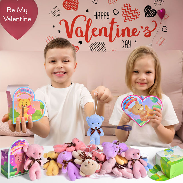 28PCS Valentine Mini Bear Keychain Plush Toys with Heart Boxes