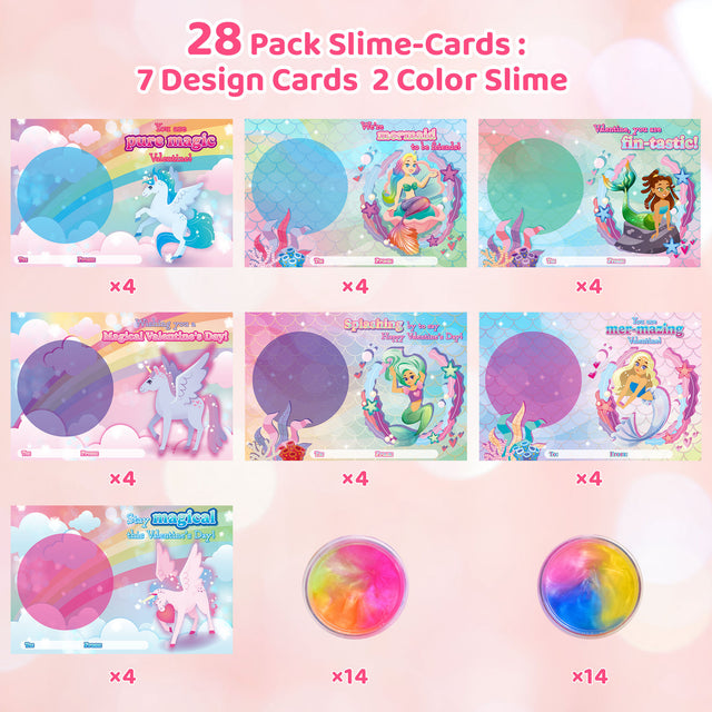 28PCS Tri-Color Galaxy Slime Soft Fidget Toys & Valentine's Card Set