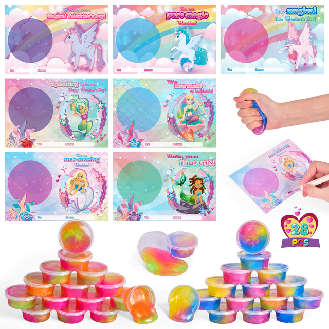 28PCS Tri-Color Galaxy Slime Soft Fidget Toys & Valentine's Card Set