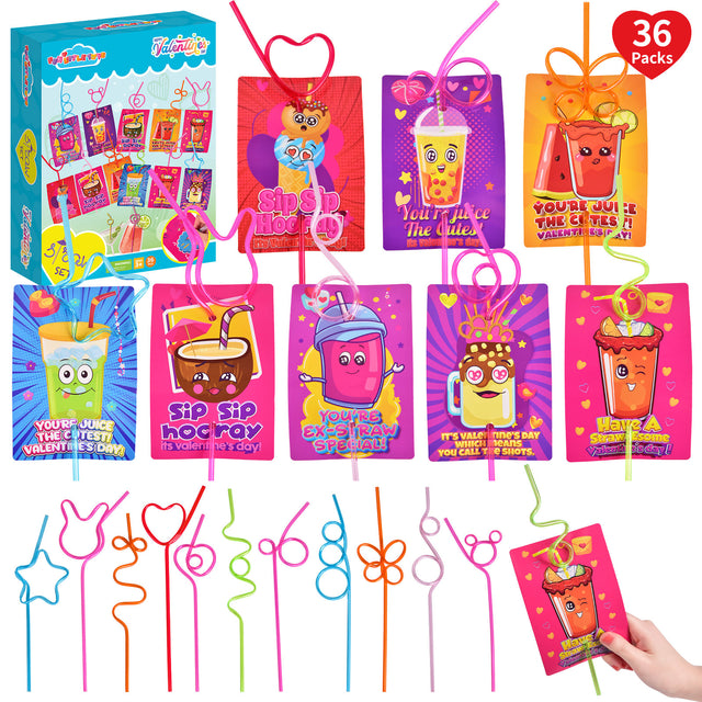 36PCS Colorful Valentine’s Crazy Loop Drinking Straws with Gift Cards