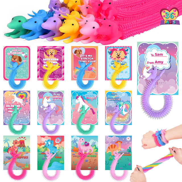 36PCS Assorted Unicorn Noodle Stretchy Strings Fidget Toys with Kids Valentine Cards