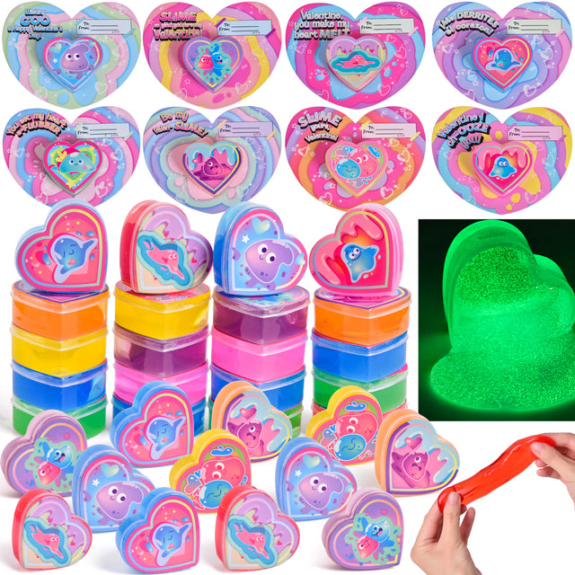 32PCS Glow in the Dark Heart Slimes with Valentine Greeting Cards