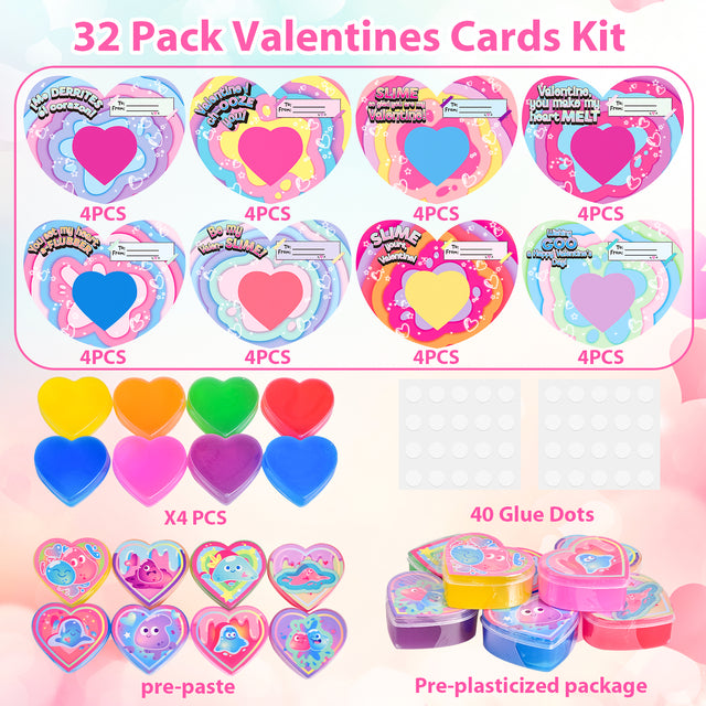 32PCS Glow in the Dark Heart Slimes with Valentine Greeting Cards