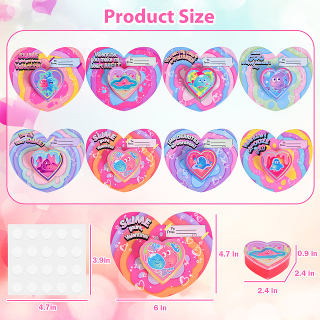 32PCS Glow in the Dark Heart Slimes with Valentine Greeting Cards