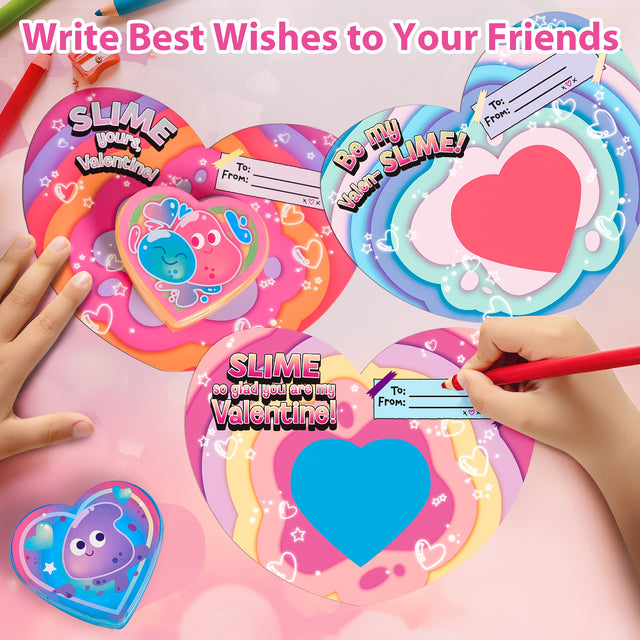 32PCS Glow in the Dark Heart Slimes with Valentine Greeting Cards