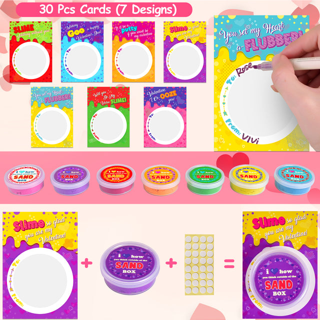 30PCS Assorted Valentine Sand Slimes with Greeting Cards Bundle